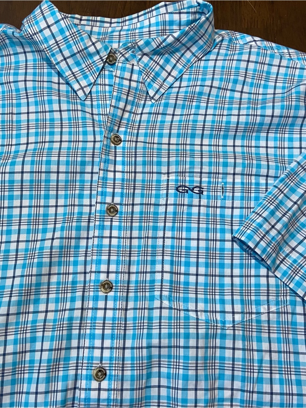 GameGuard Outdoors Fishing Shirt Mens XL Blue Plaid Short Sleeve Vented Cotton